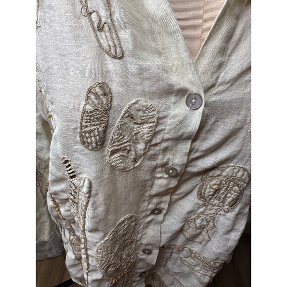 Chicos Womens 2 linen Embroidered Tribal Masks Linen 3/4 Sleeve Button-Up Shirt - Picture 10 of 15